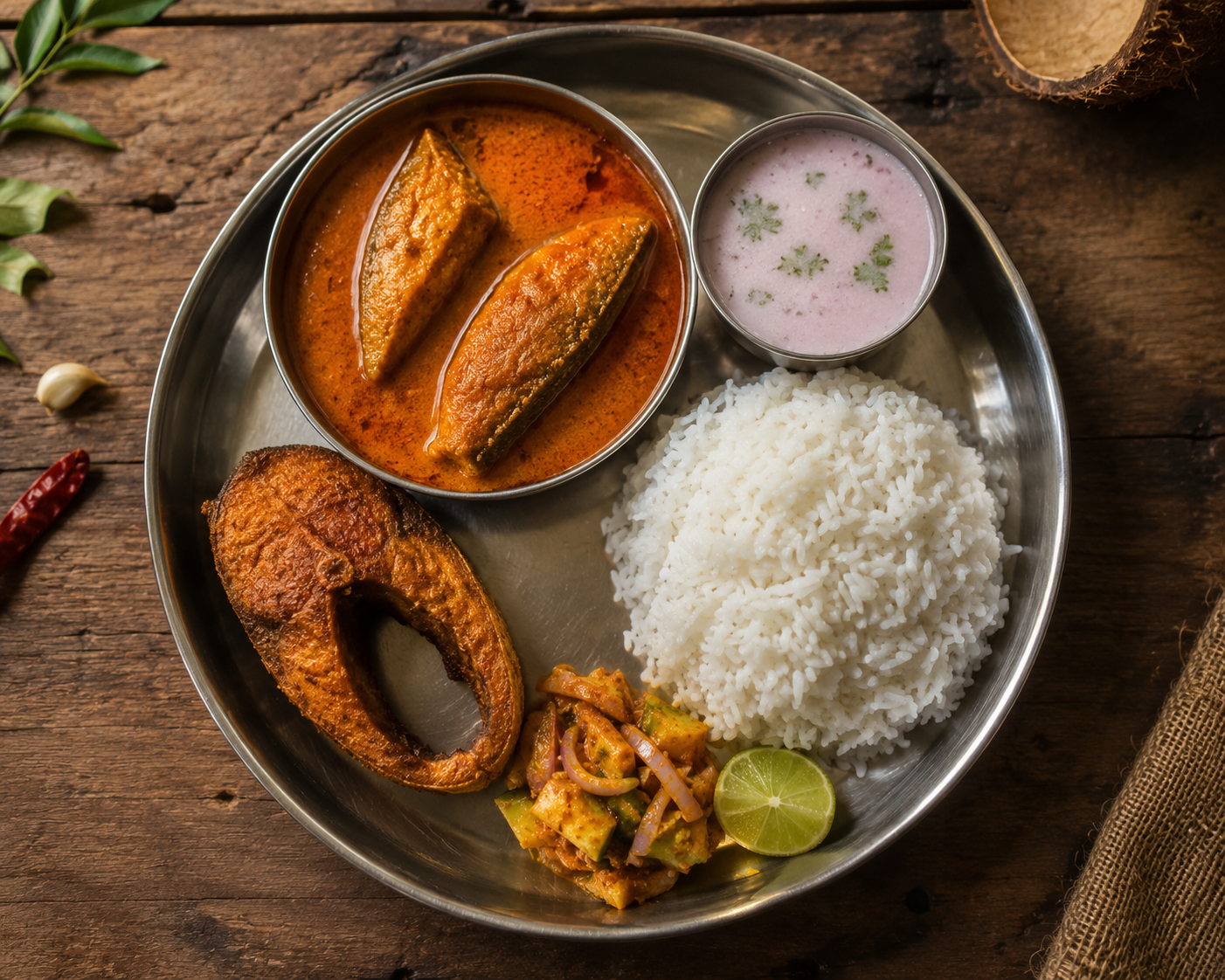 Traditional Konkani seafood thali with fish curry, rice, and solkadi in Alibaug