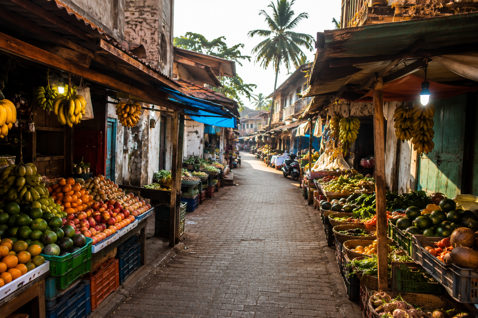Small local market lane in Alibaug town with fruit and produce stalls