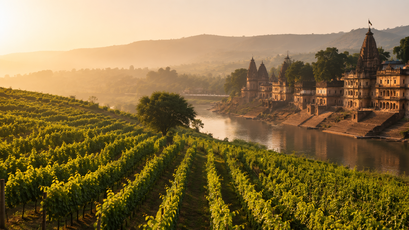 Split scene of rolling Nashik vineyards and the Godavari river ghats at golden hour