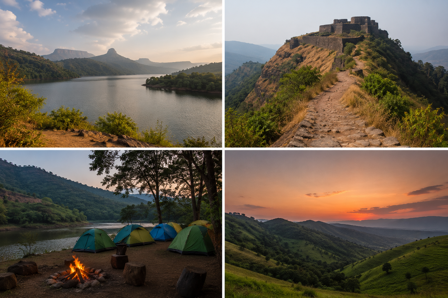 Collage of Pawna Lake's calm waters, Tikona Fort trekking trail, a bonfire campsite, and the surrounding green hills