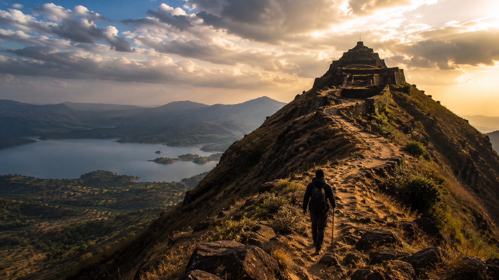 Hiker climbing the trail up Tikona Fort with Pawna Lake visible below