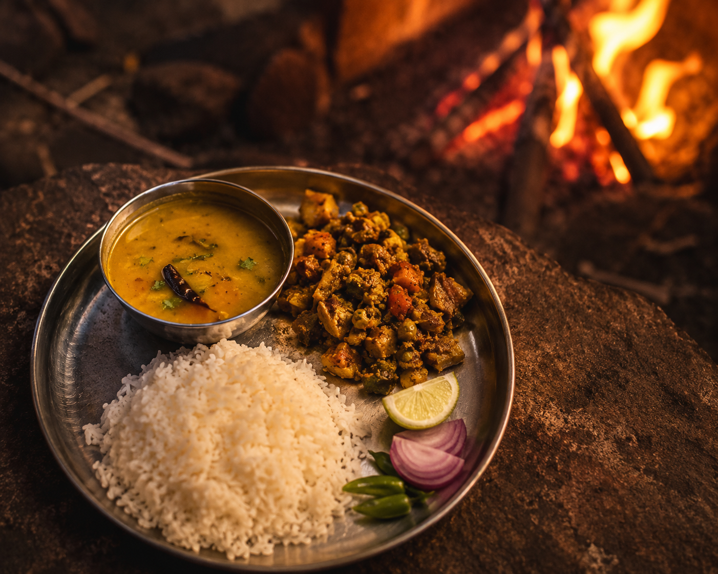 Simple Maharashtrian dinner served at a bonfire camping setup near Pawna Lake