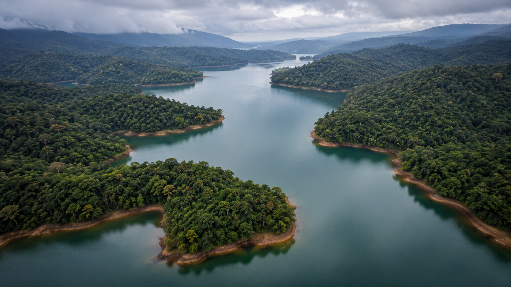 Aerial drone view of the calm Vaitarna backwaters surrounded by green hills near Igatpuri