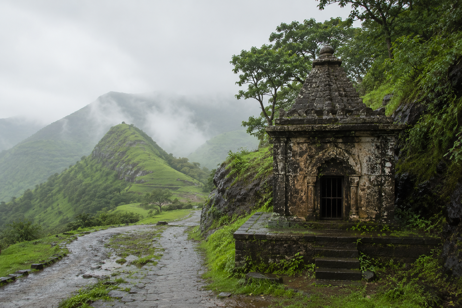 Small stone shrine surrounded by green hills near a village outside Igatpuri