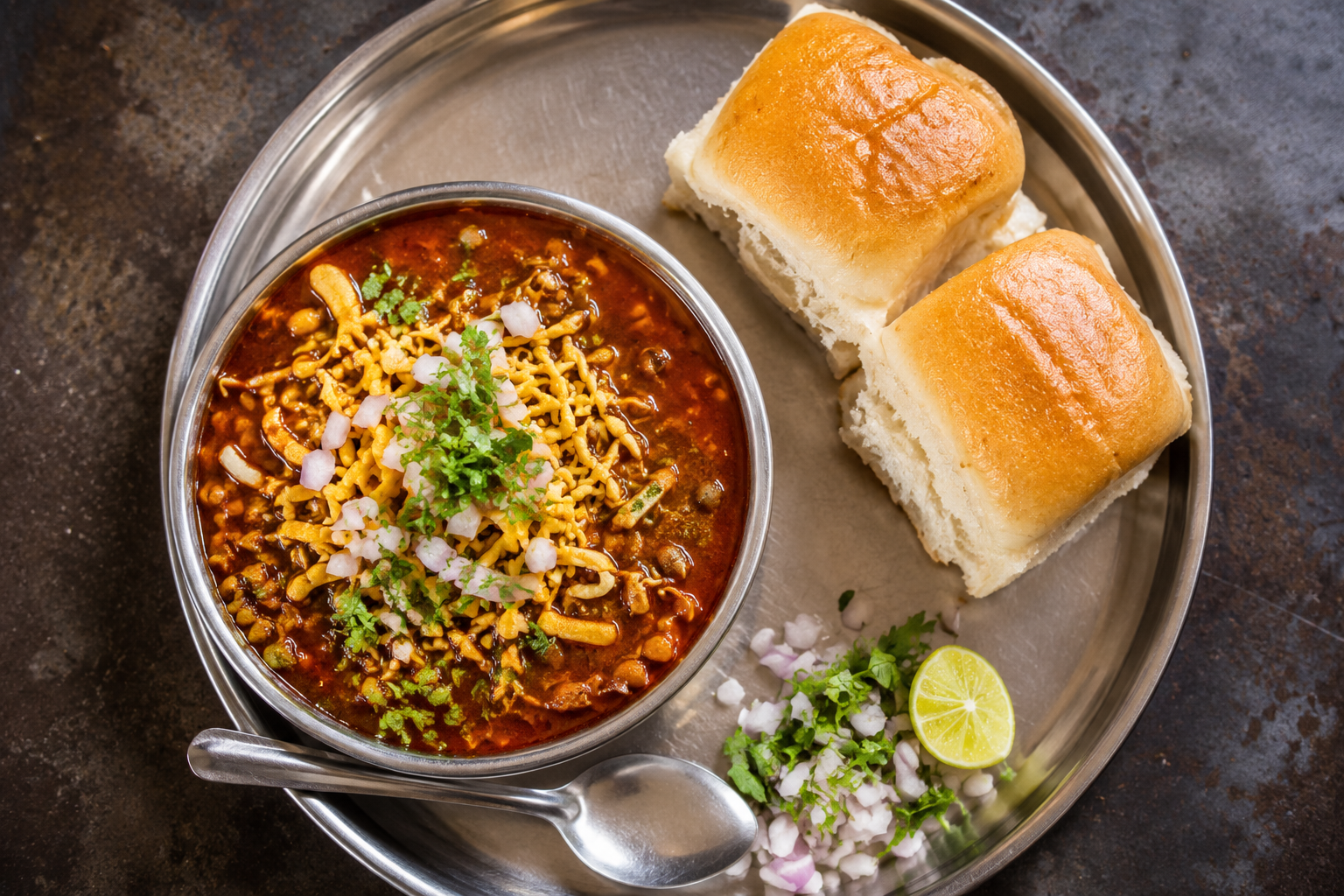 Spicy Nashik-style misal pav served with pav at a local eatery near Igatpuri