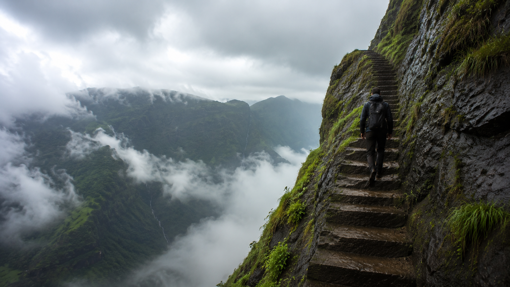 Hiker climbing the near-vertical rock-cut staircase at Harihar Fort near Igatpuri