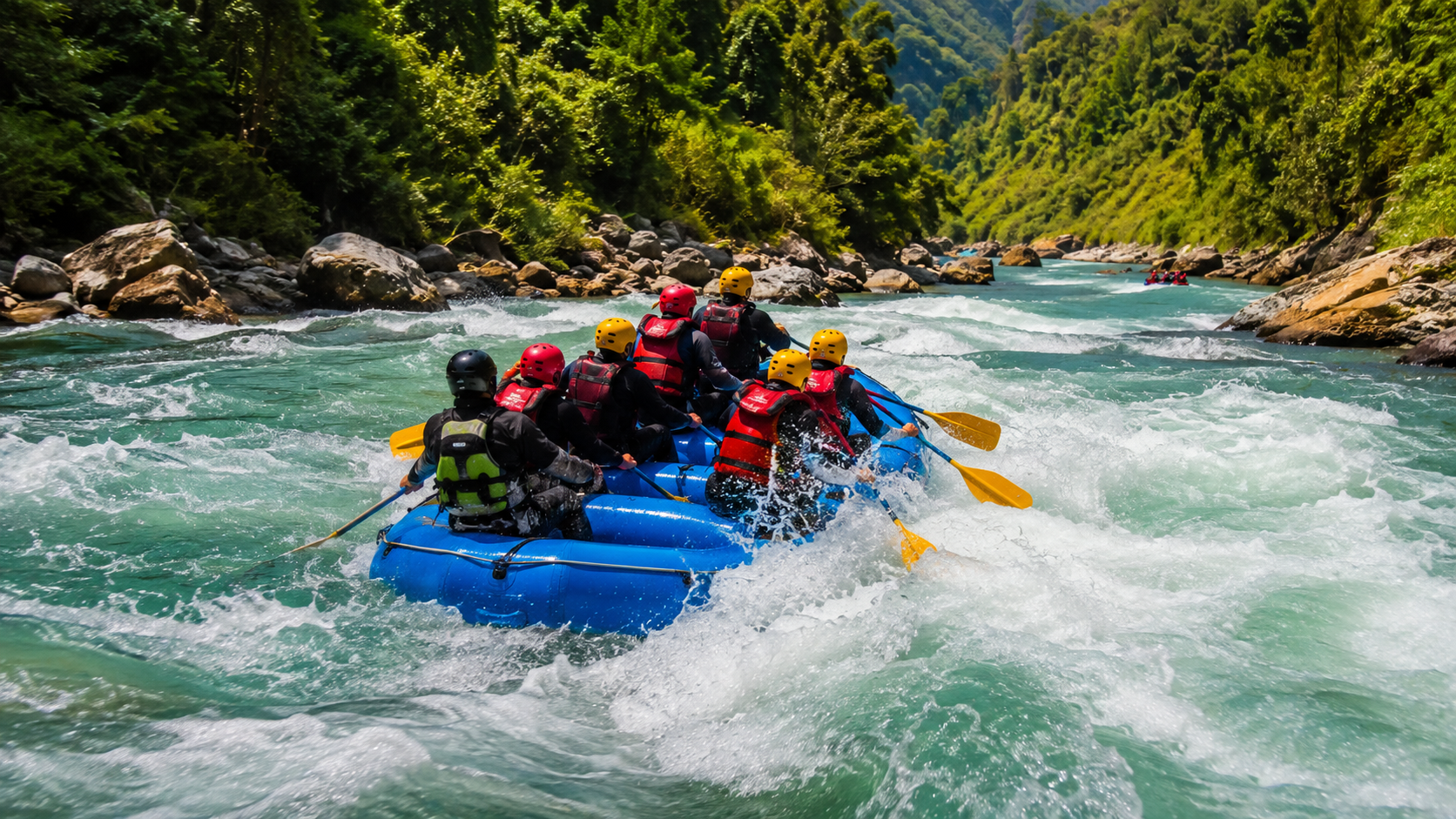 Rafters paddling through white-water rapids on the Kundalika River near Kolad