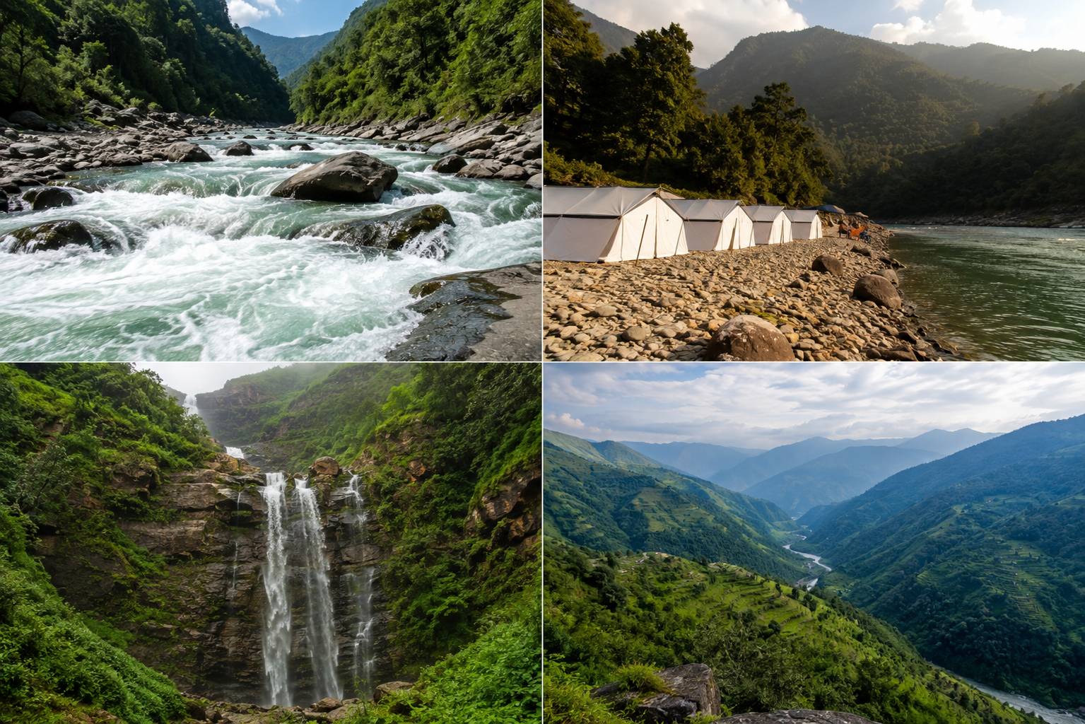 Collage of the Kundalika river rapids, a riverside camping site, Tamhini Ghat waterfalls, and the Kolad valley
