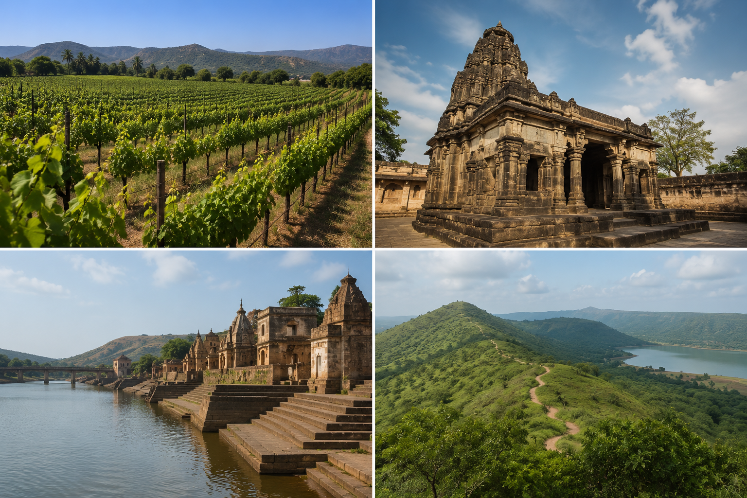 Collage of a Nashik vineyard estate, Trimbakeshwar temple exterior, Godavari river ghats, and Anjneri Hill