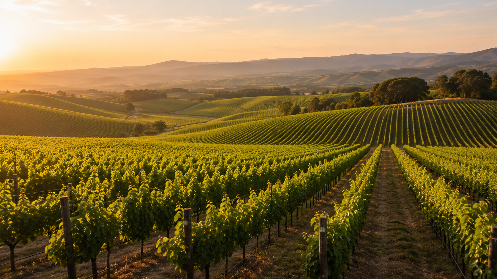 Rolling rows of grapevines at a Nashik vineyard estate under a clear sky