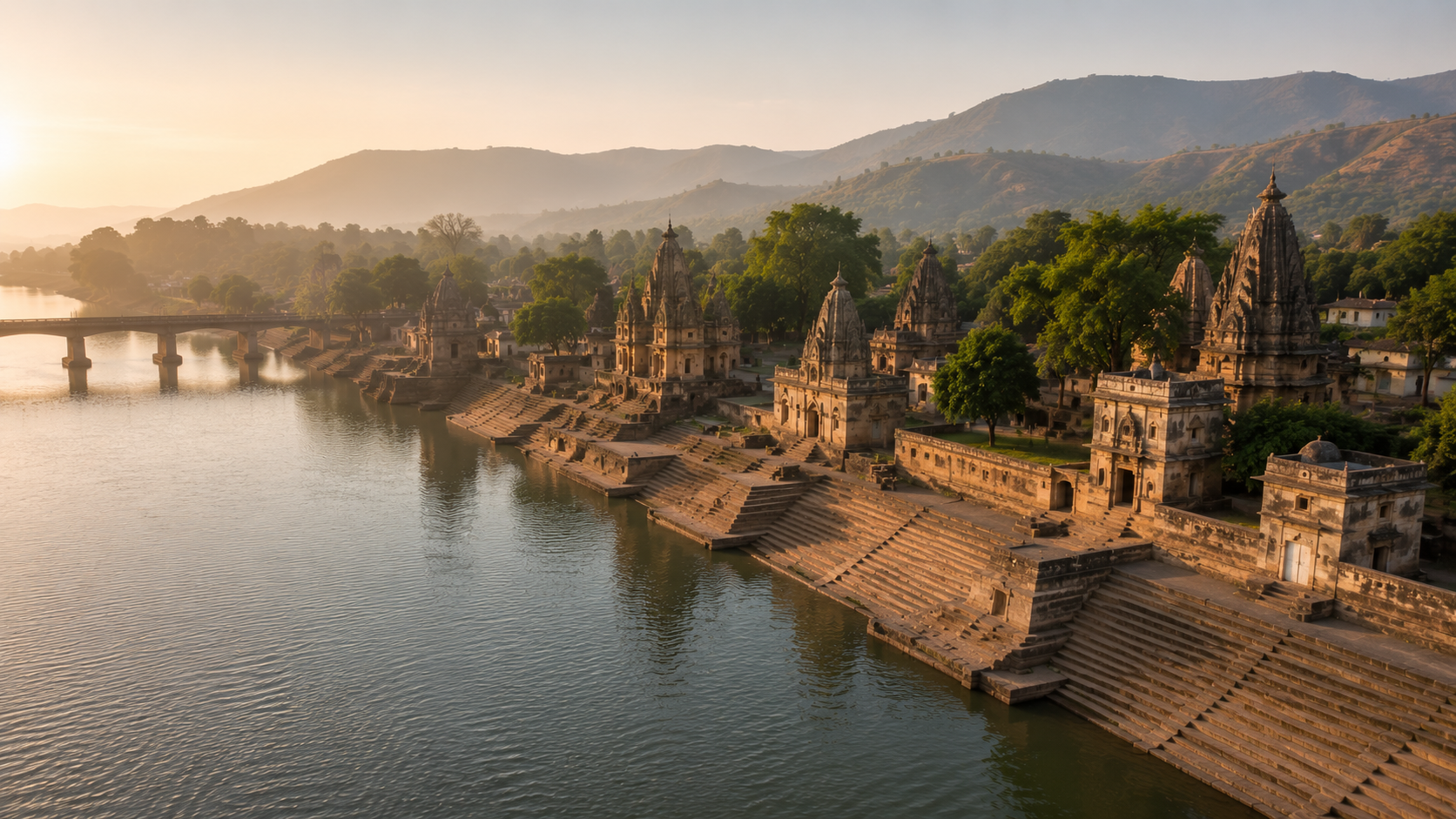 Aerial drone view of the stone ghats along the Godavari River in Nashik