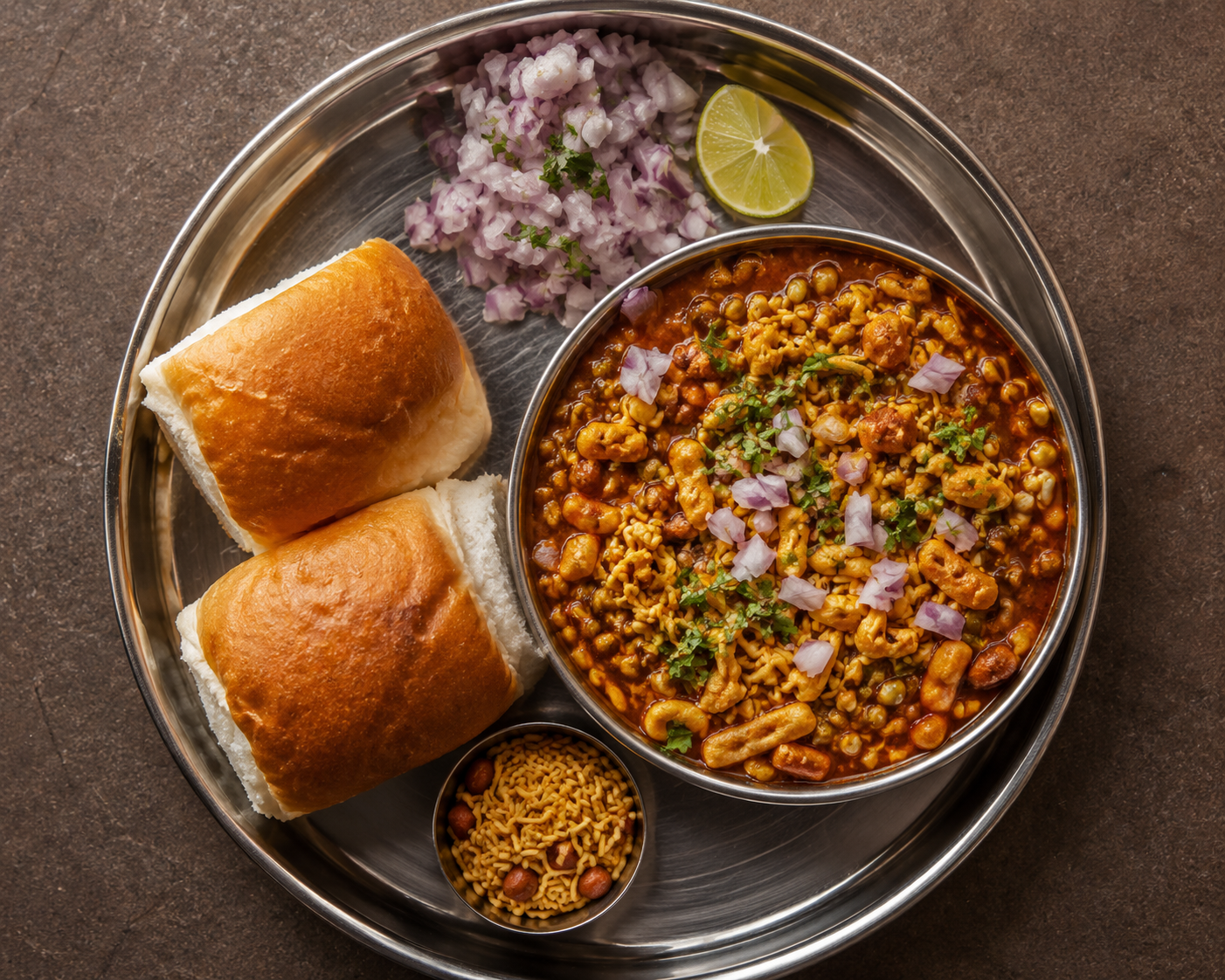 Spicy Nashik-style misal pav topped with farsan, served with pav bread