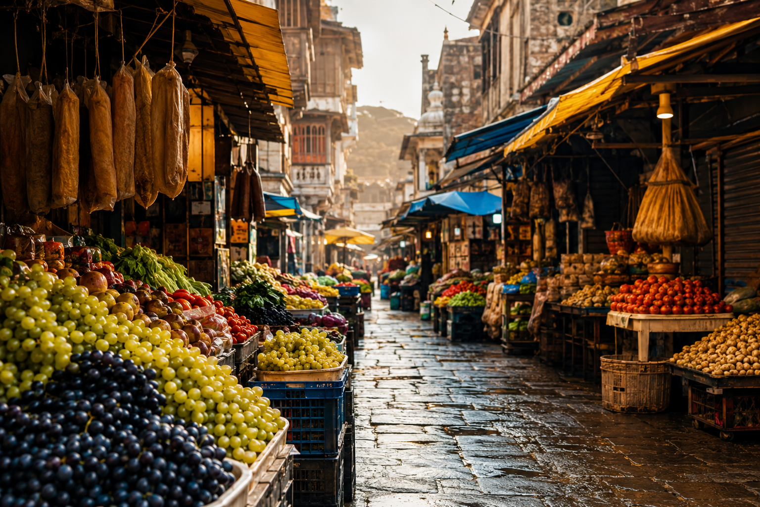 Bustling old city market street in Nashik with fresh produce and grape stalls