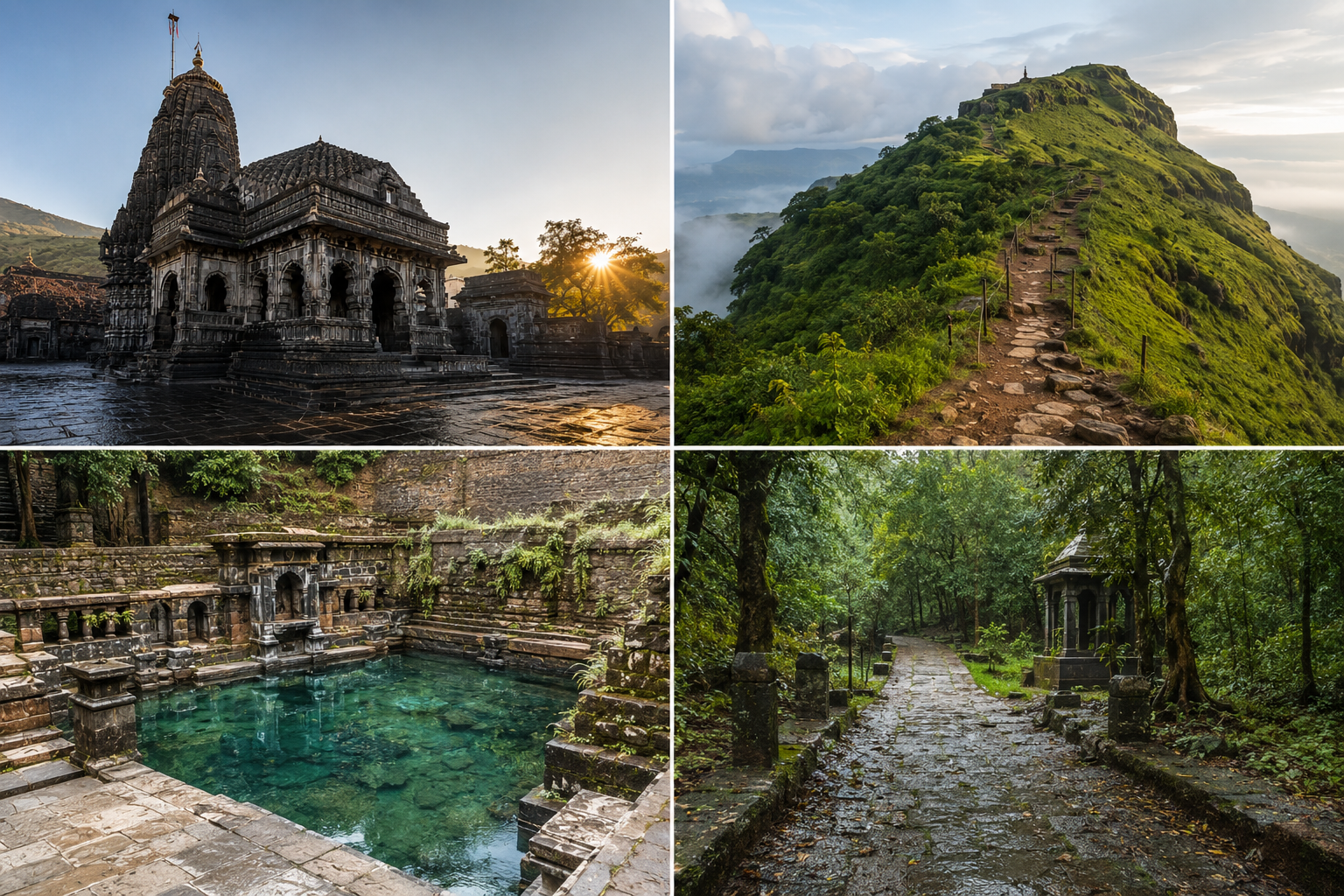 Collage of the Trimbakeshwar temple exterior, Brahmagiri hill trail, the Godavari river source, and pilgrims' path