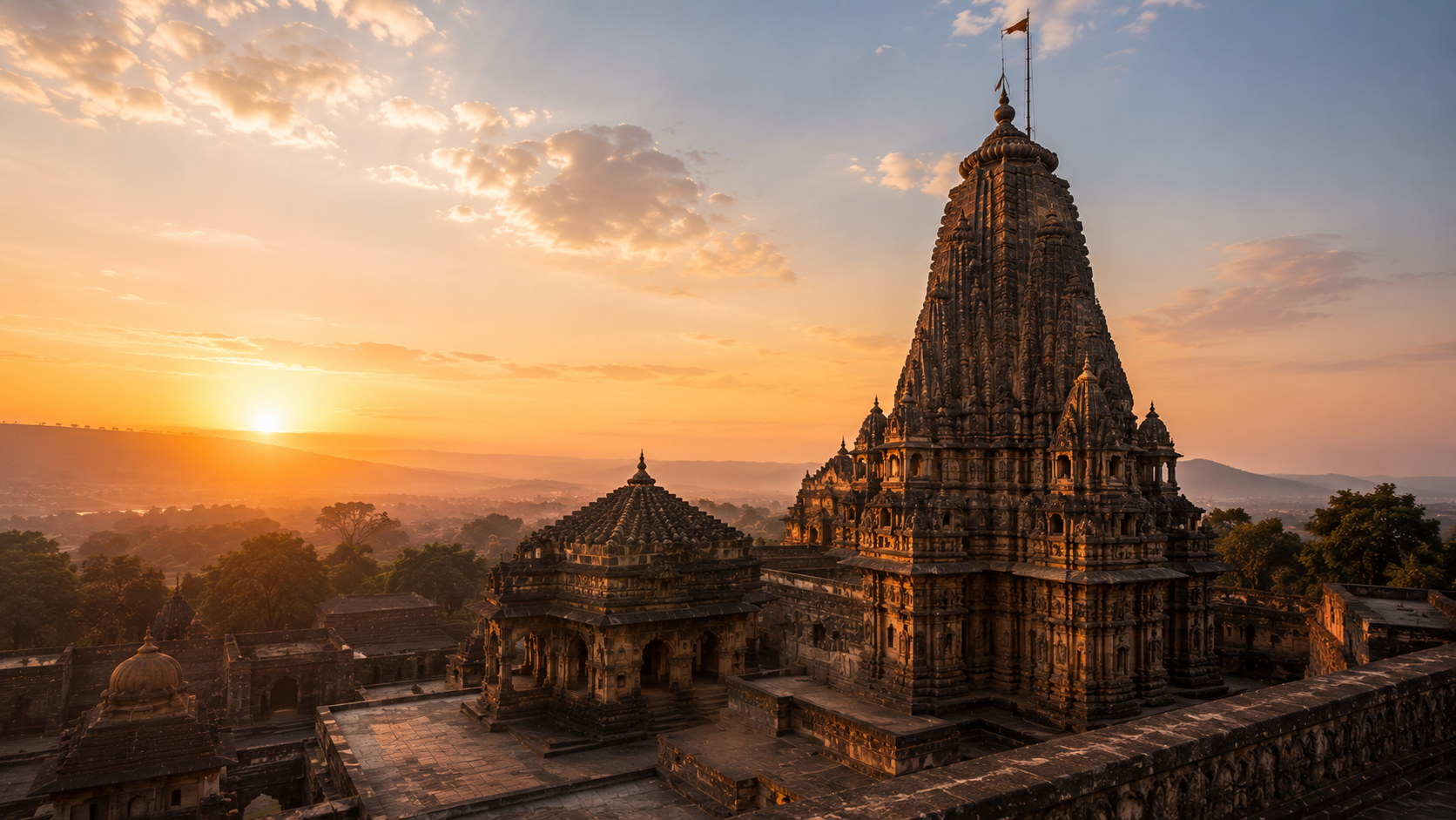 Ancient stone architecture of Trimbakeshwar Temple glowing in soft golden sunrise light