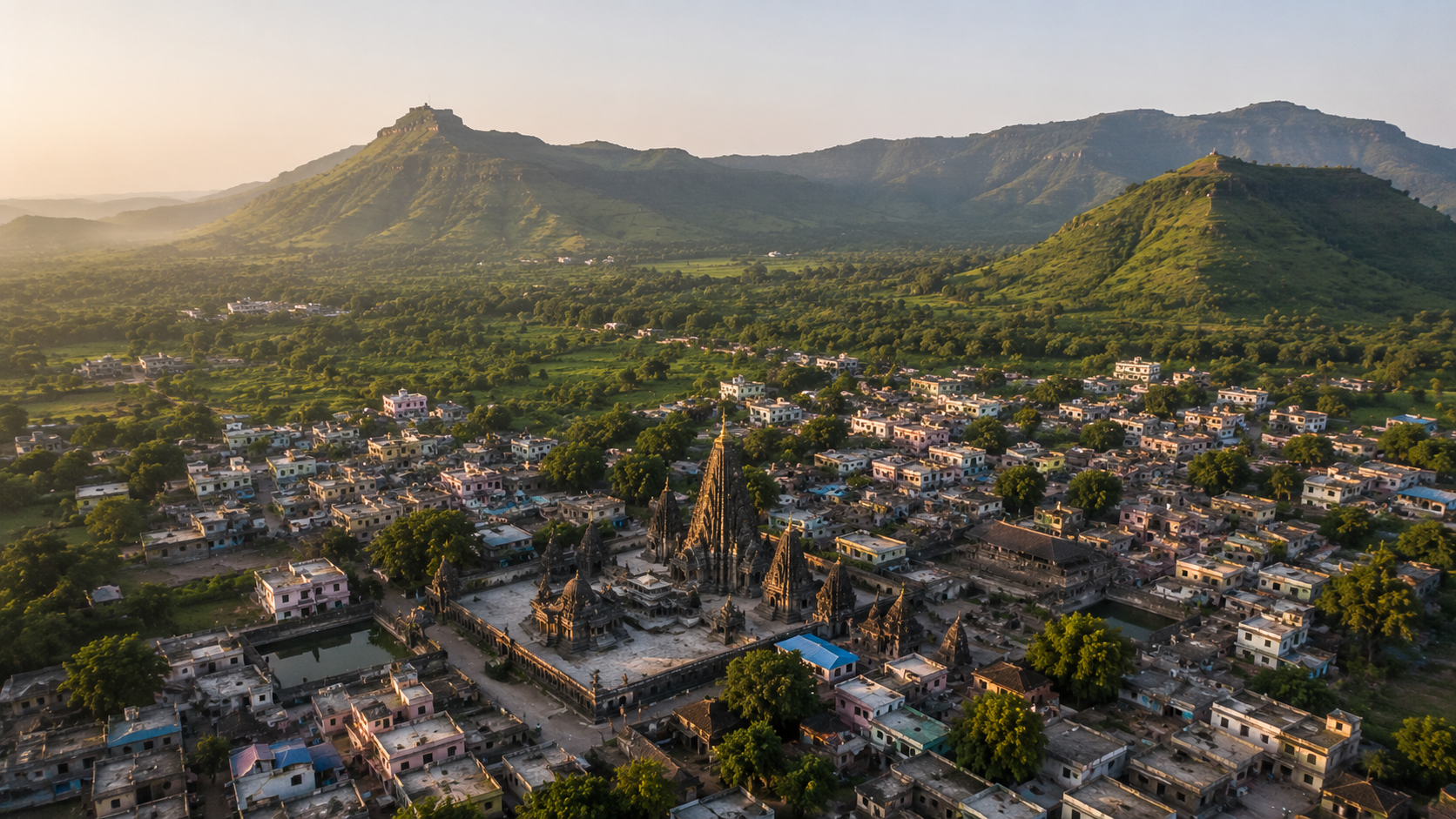 Aerial drone view of Trimbakeshwar temple town with Brahmagiri hill in the background
