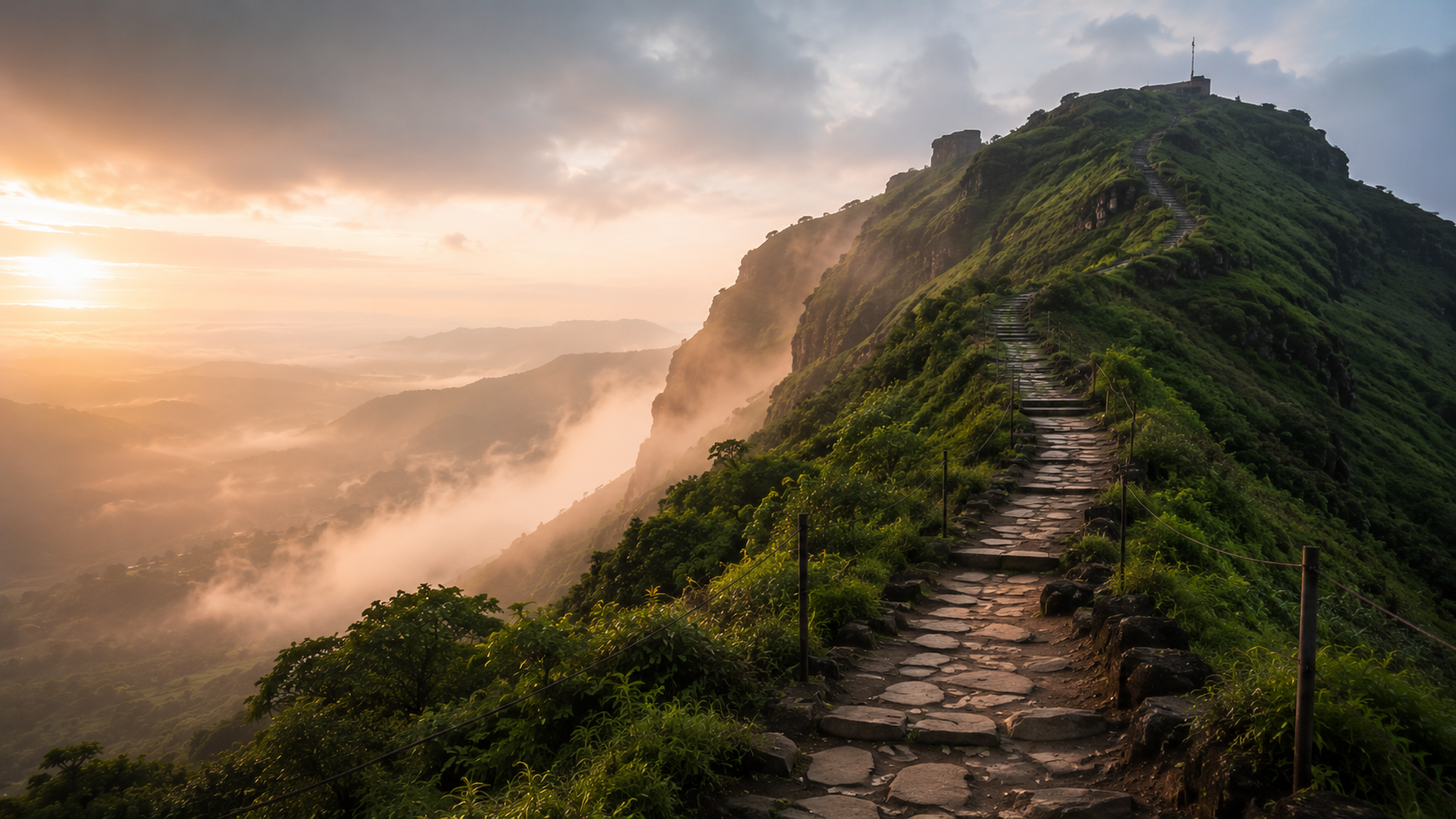 Winding pilgrimage trail leading up the green slopes of Brahmagiri hill near Trimbakeshwar
