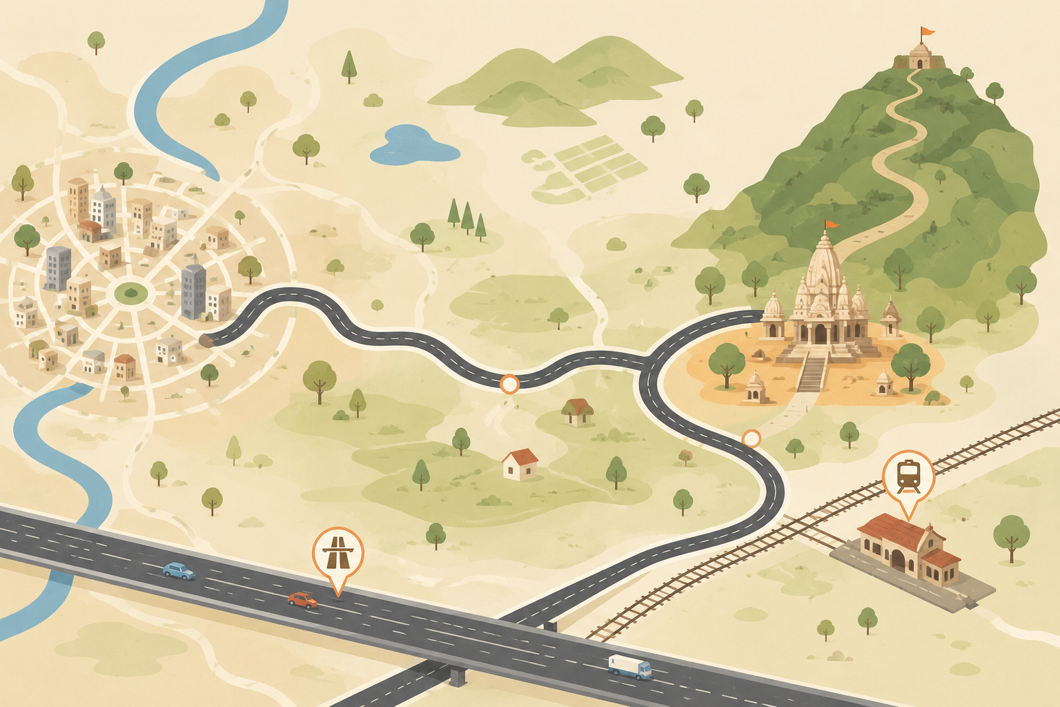 Illustrated map showing routes to Trimbakeshwar Temple from Nashik city and Mumbai