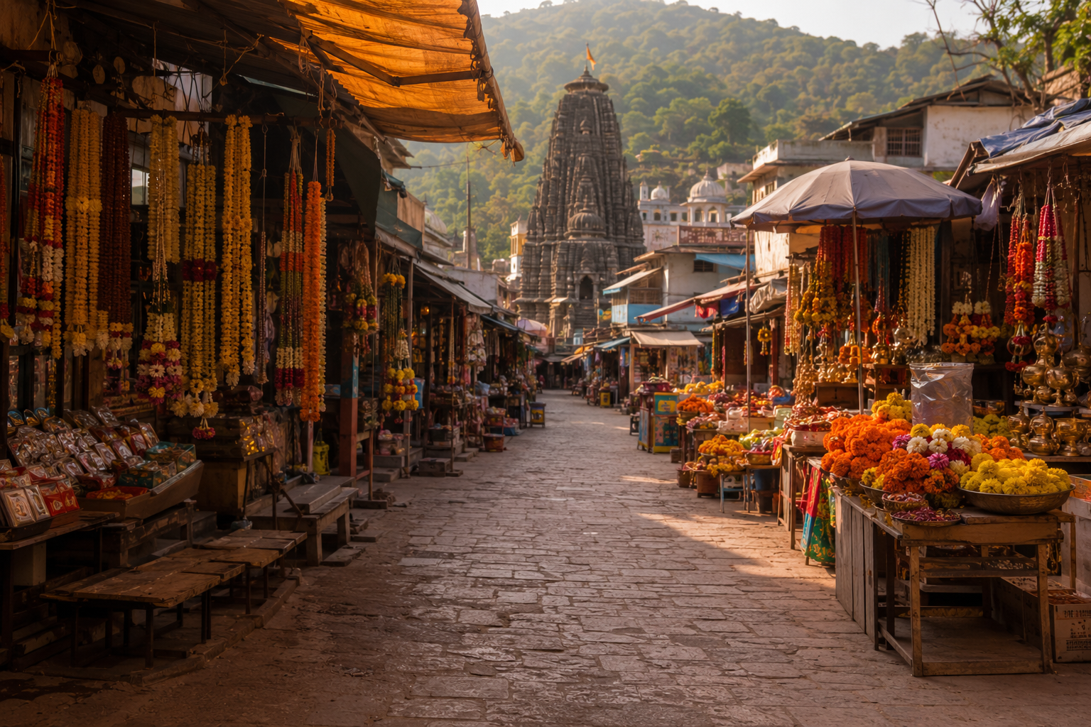 Small market street near Trimbakeshwar Temple selling flowers, prasad, and religious items